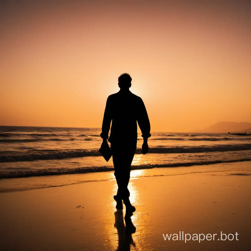 the silhouette of a man walking at sunset along a beach