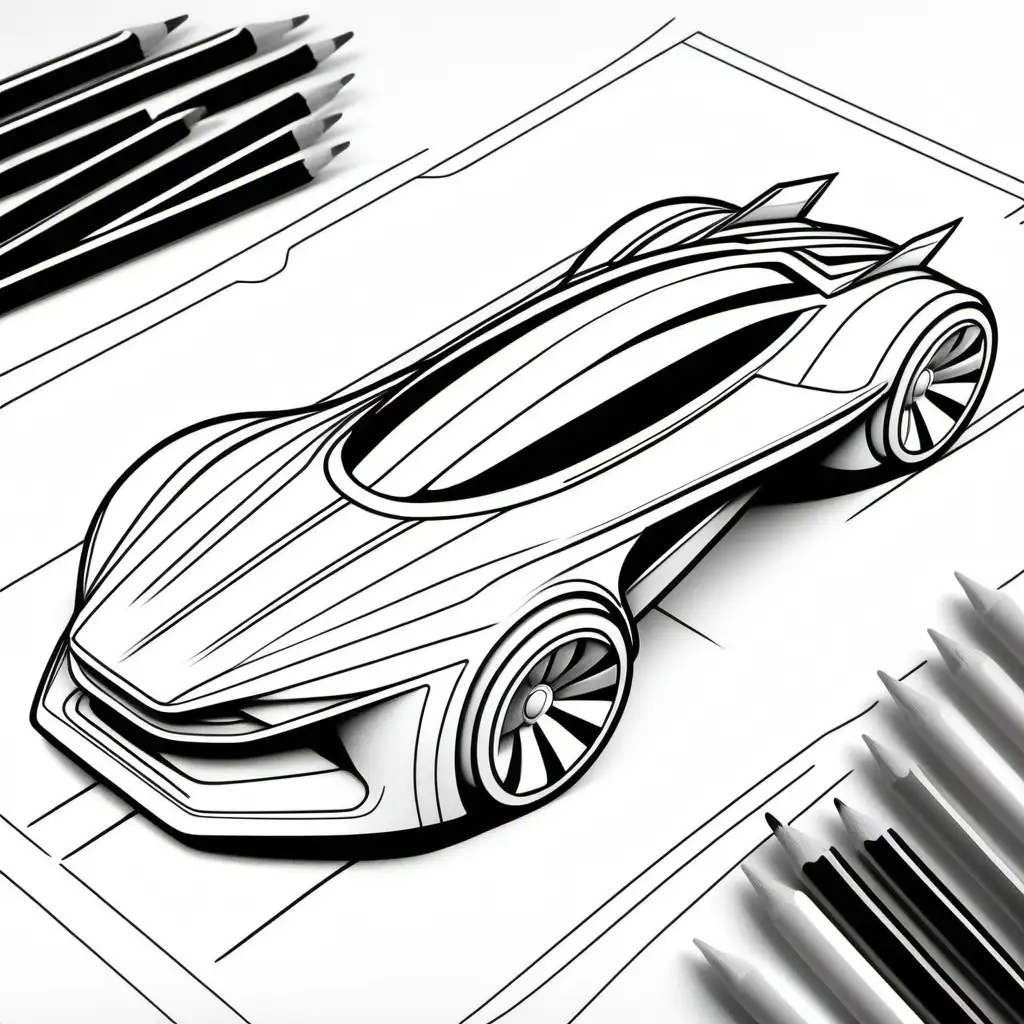Futuristic car coloring page, white and black lines.