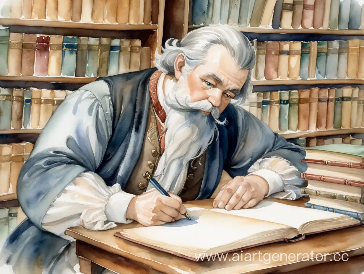 Middleaged-Man-Writing-with-Quill-Surrounded-by-Books