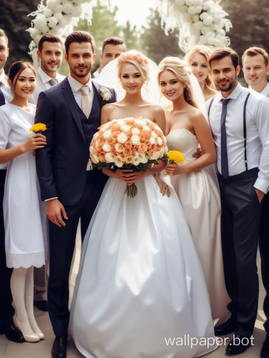 This is a real photo taken at the wedding venue. The men are very handsome and the women are very beautiful. There was a wedding crowd after their birth, with the man holding the woman and the woman holding flowers. The whole picture presents a festive scene.
Caucasian