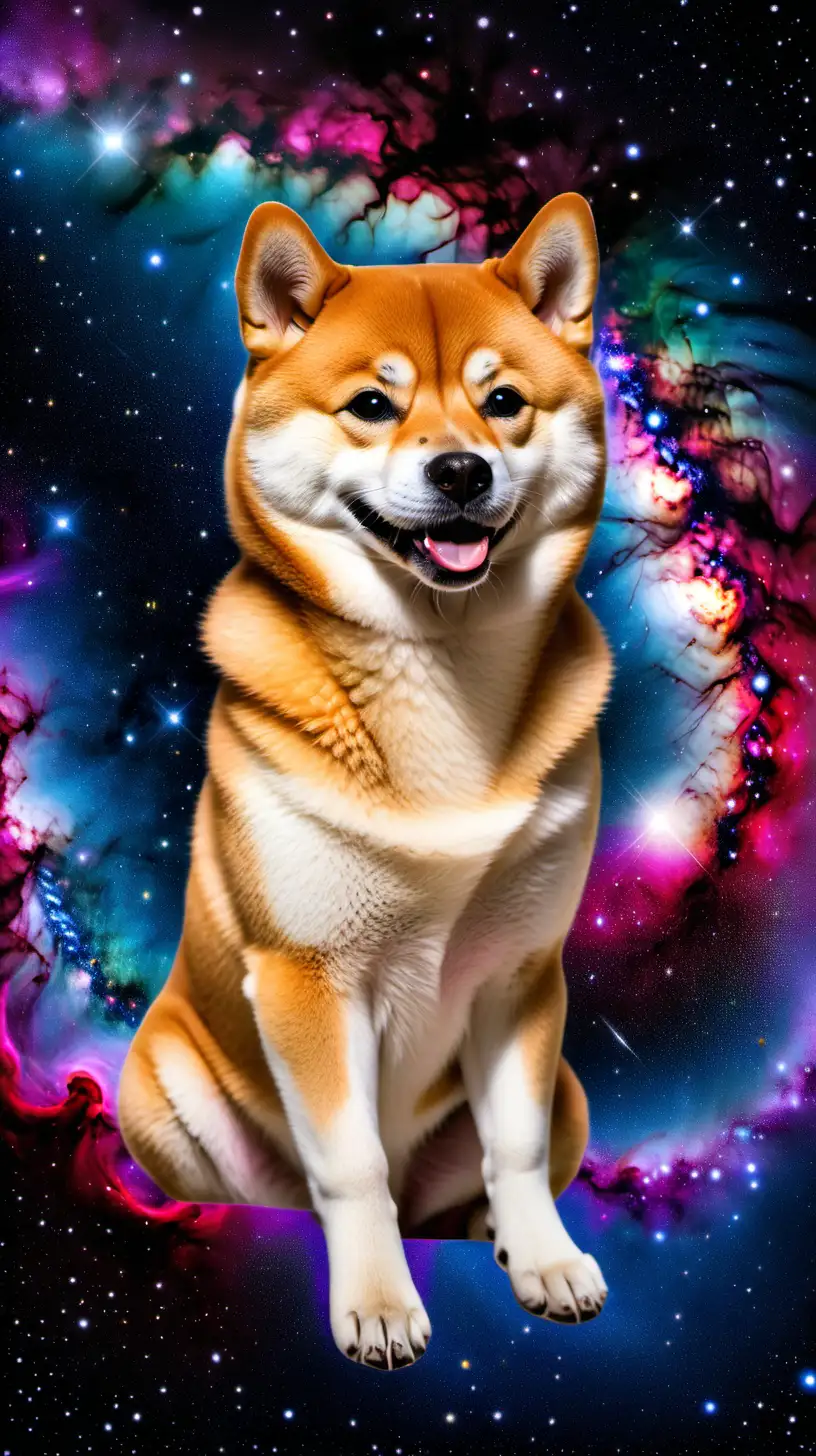 Cute smiling Shiba Inu dog sitting down facing the viewer in deep space, centered, vivid colors, fine detail.