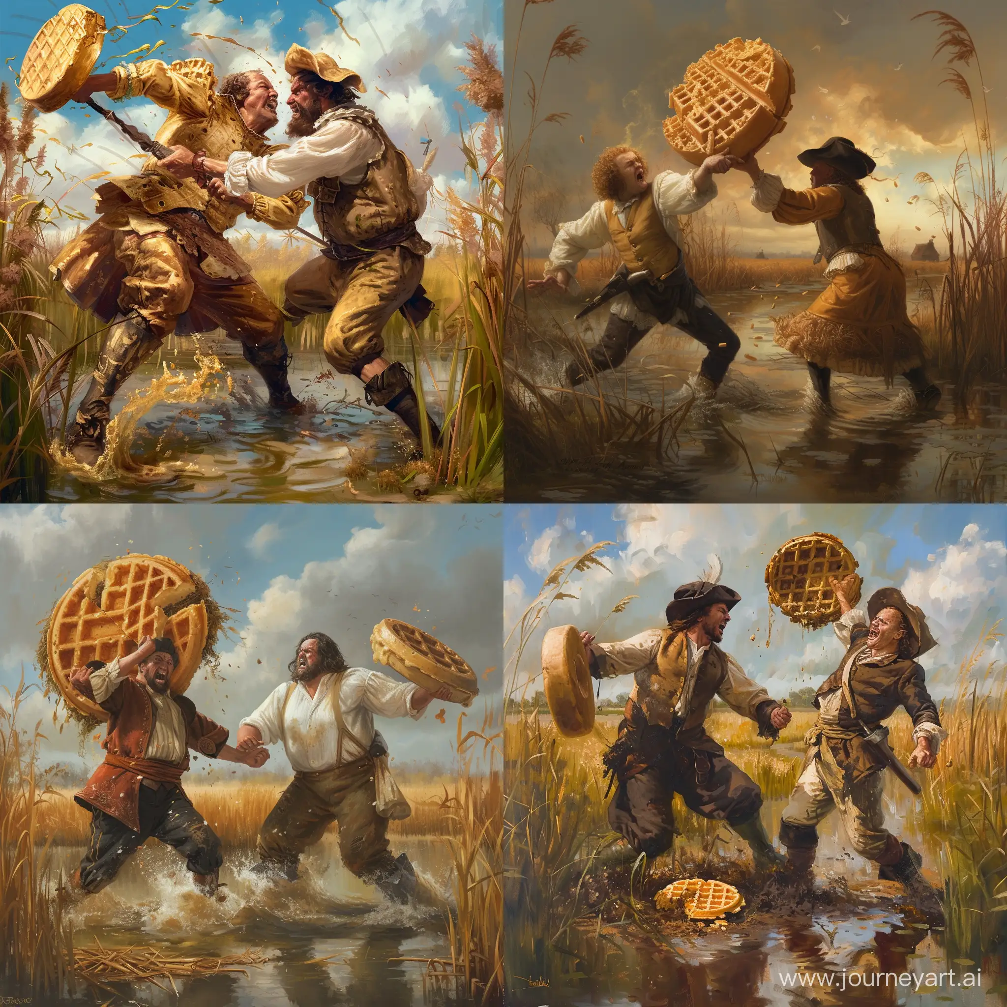 500lbs Dutch man fighting his mortal enemy, a Belgian in a polder. The Dutch man wields a wheel of Gouda and the Belgian wields a giant waffle. The attire should be from the Dutch Golden Age and the scene should be like David vs Goliath. --v 6 --ar 1:1 --no 26973