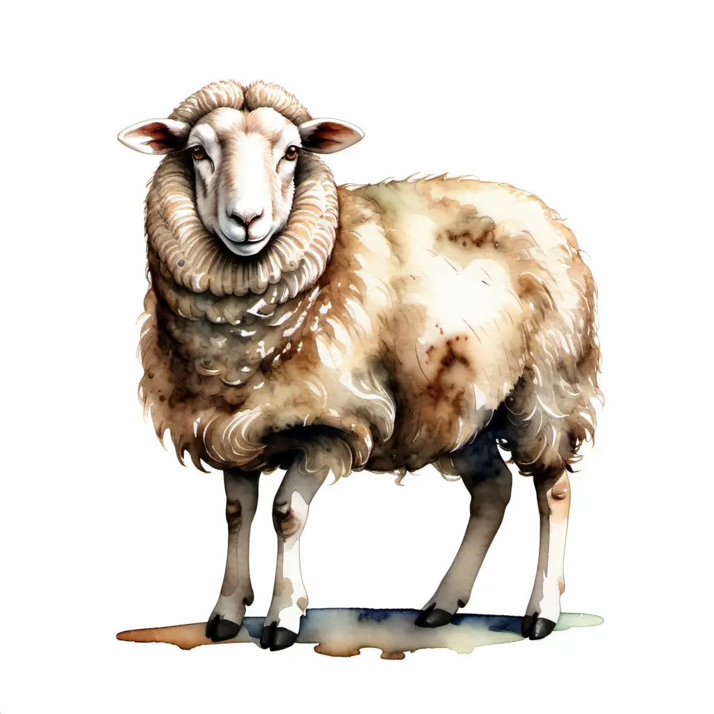  softly watercolored  brown sheep full body, against white background dark
 