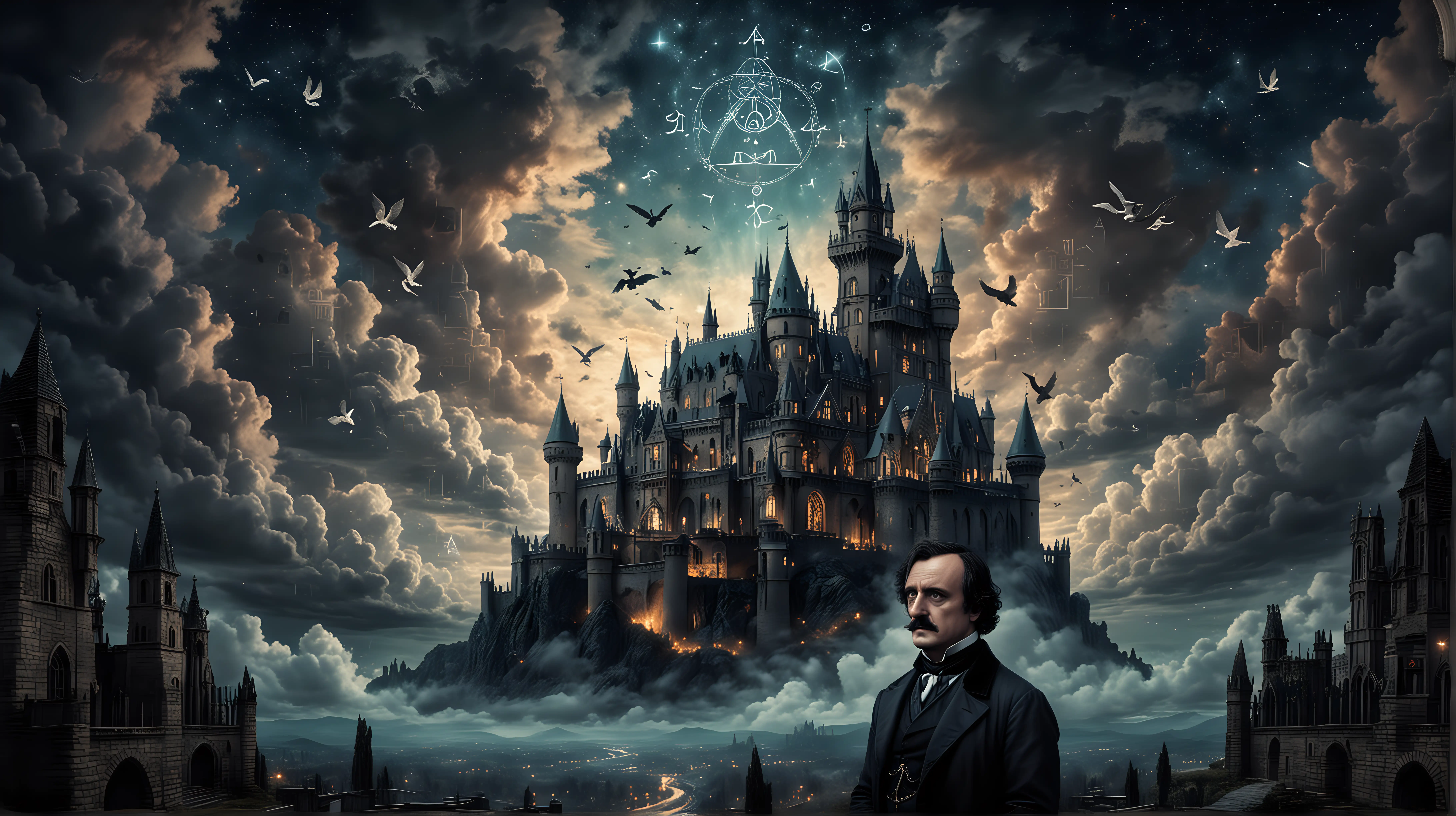 Edgar Allan Poe in front of a gothic castle with high magic Enochian symbols and  clouds in a night sky 