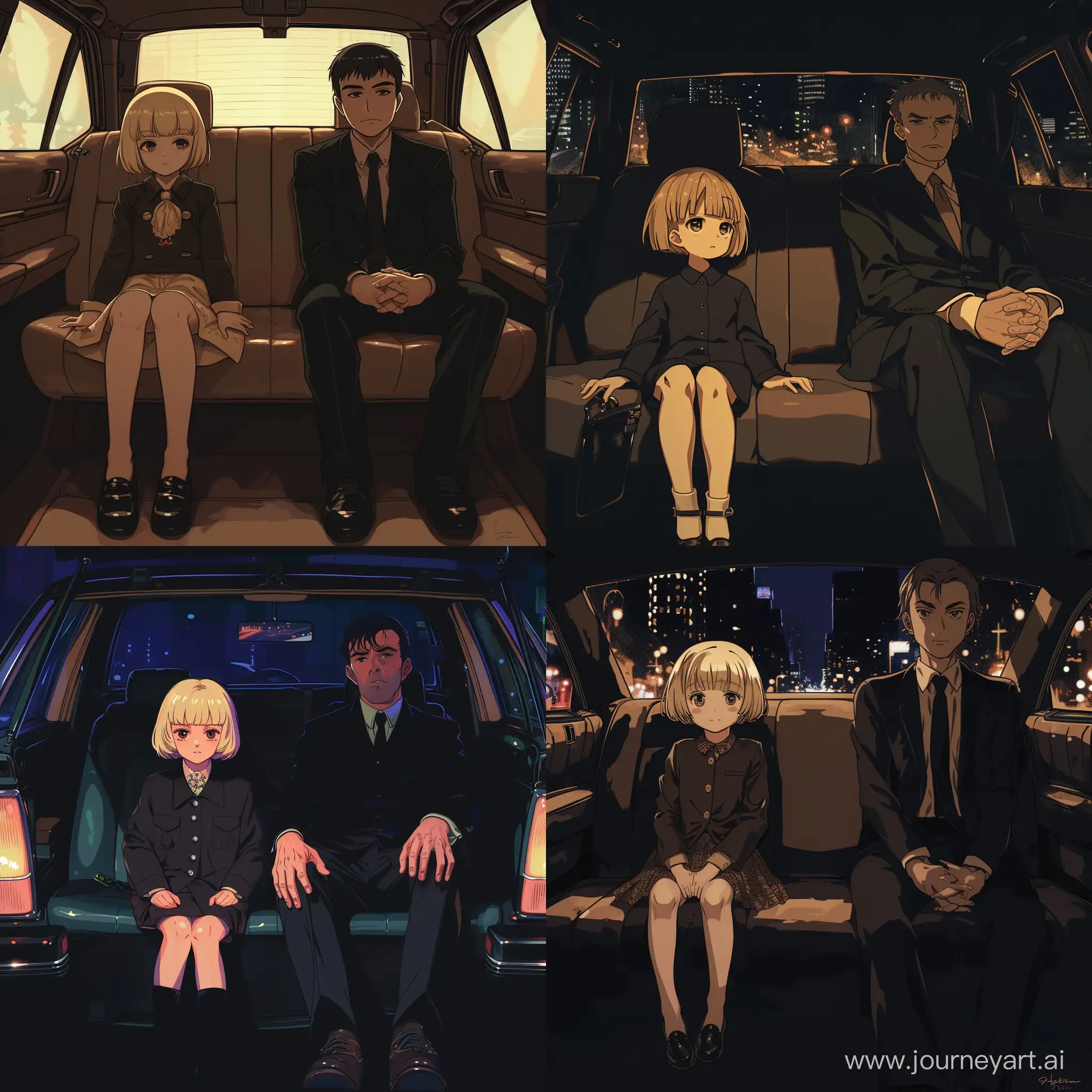 90s anime style of a two persons sitting in the back of the car. On the left is a cute little girl with a short blonde hair, on the right is a man in a black suit