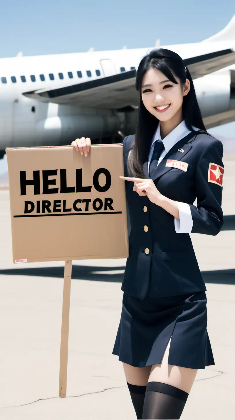 美女，18岁，日本人，五官精致，黑色长发，皮肤白皙，空姐制服，黑丝袜，高跟鞋，优雅的笑容，举着一张纸板，纸板上写着 "HELLO Director Y"，沙漠，背景是破烂的客机