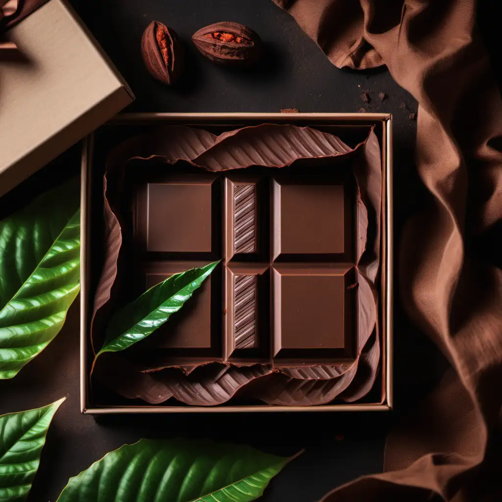 dark healthy chocolate in an open gift box next to a cacao leaves
