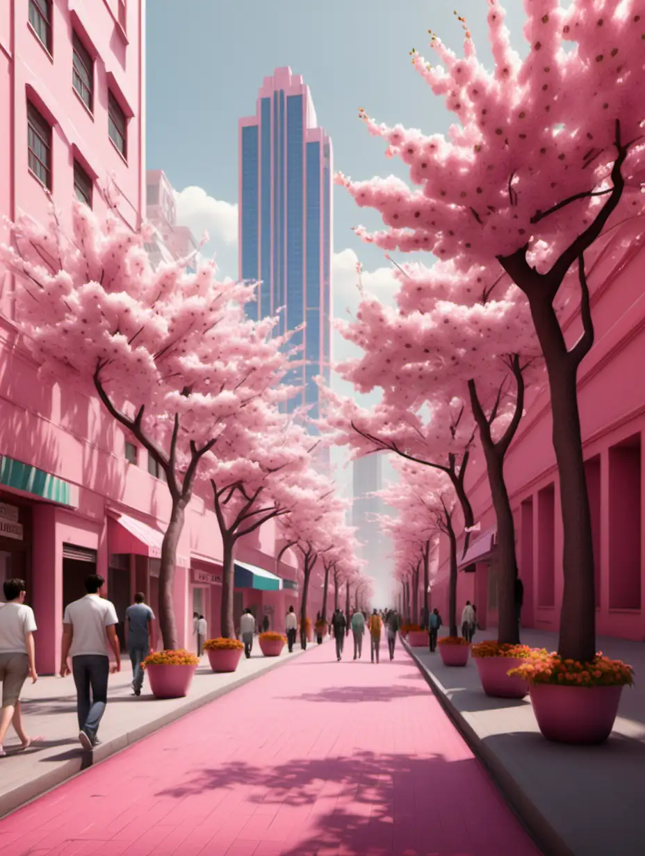 Vibrant Pink Cityscape with Blossoming Trees and Urban Bustle