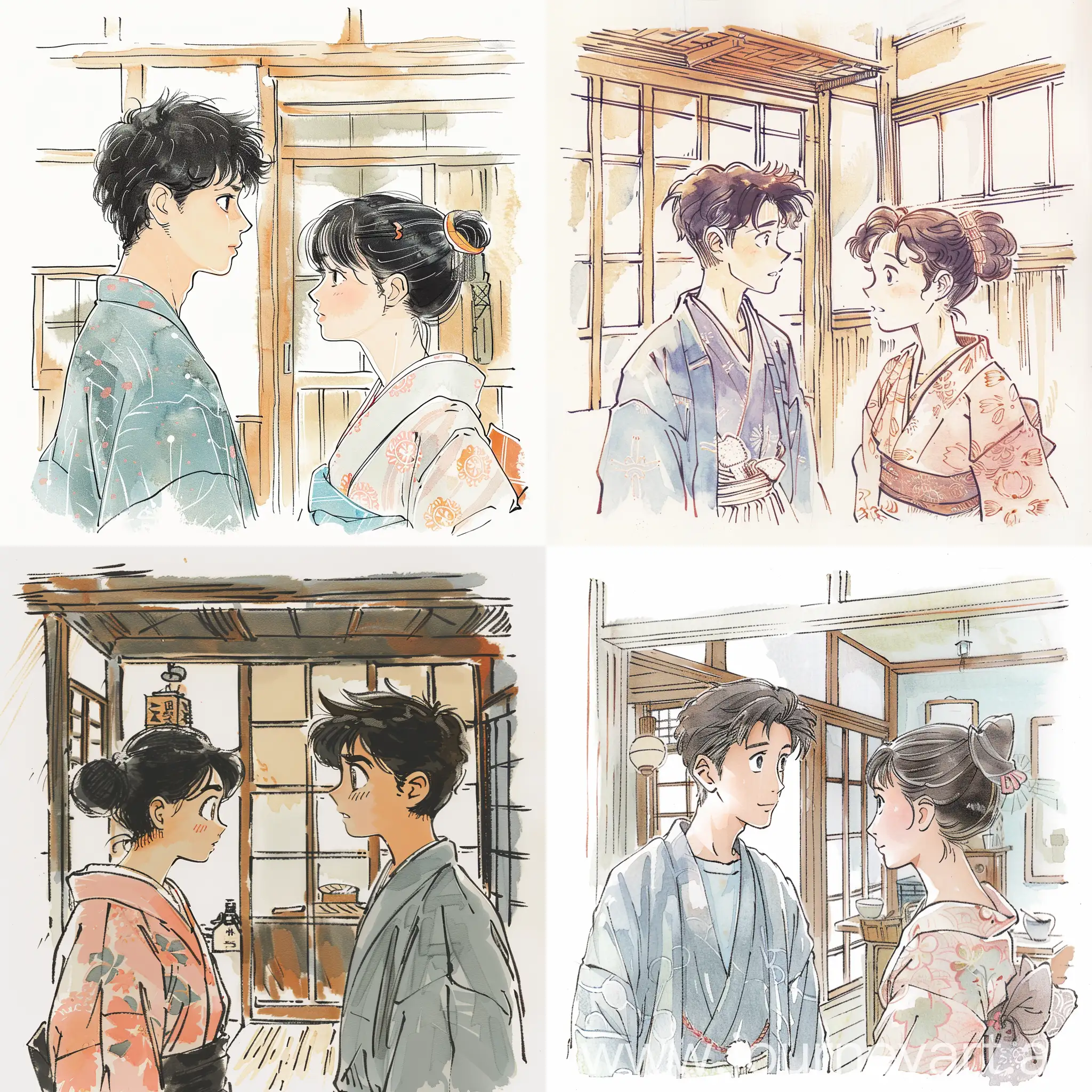 Edo-Era-Japanese-Home-Young-Man-and-Servant-Woman-in-Delicate-Watercolor-Style