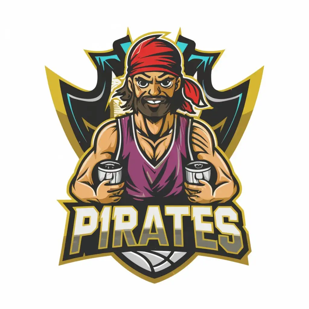 a logo design,with the text "Pirates", main symbol:pirate wearing basketball uniform holding a basketball,complex,be used in Sports Fitness industry,clear background