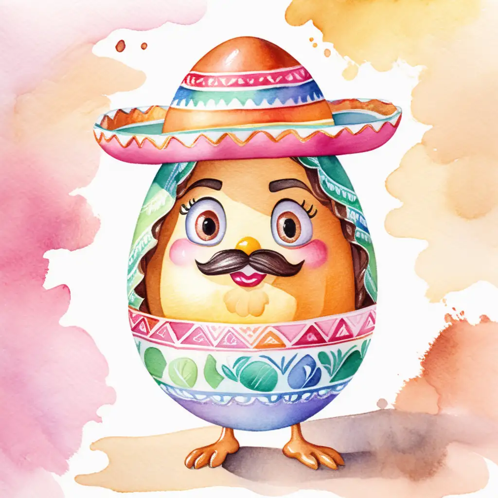 Mexican Adelita Cartoon Egg in Pastel Watercolors