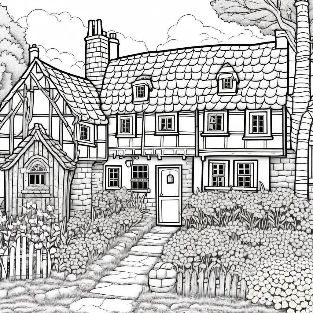 Cozy Old England Houses Coloring Page with Flowers and Trees