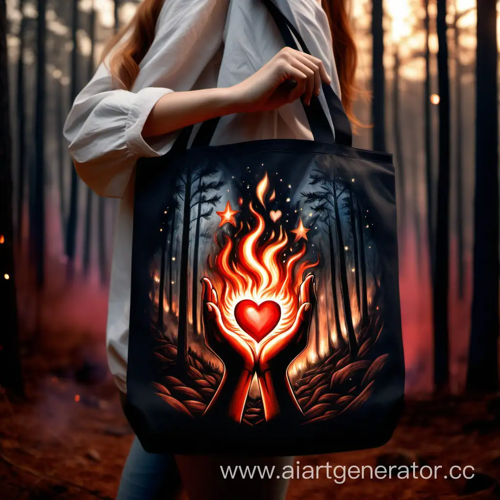 Нарисуй арт на женской сумке. На рисунке человек на вытянутой руке держит горящее сердце, во круг лес, видны звезды, и горящее сердце освещает местность.