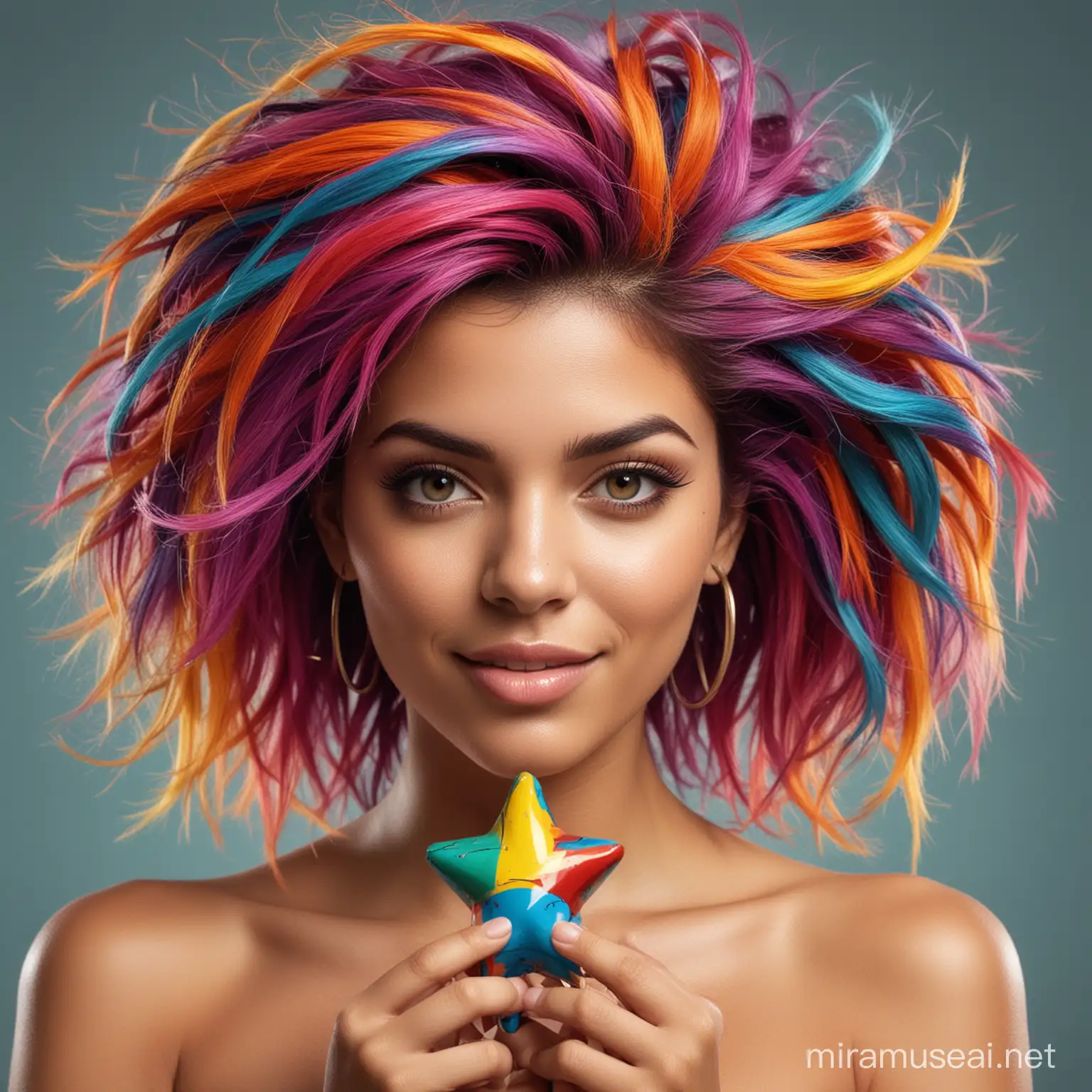 a vibrant and confident brazilian woman with bold, colorful hair and expressive eyes, holding a whimsical and unique toy. Surround her with elements that evoke energy and empowerment, such as lightning bolts or stars. Additionally, incorporate subtle hints of loop or repetition, perhaps through mirrored reflections or circular patterns
