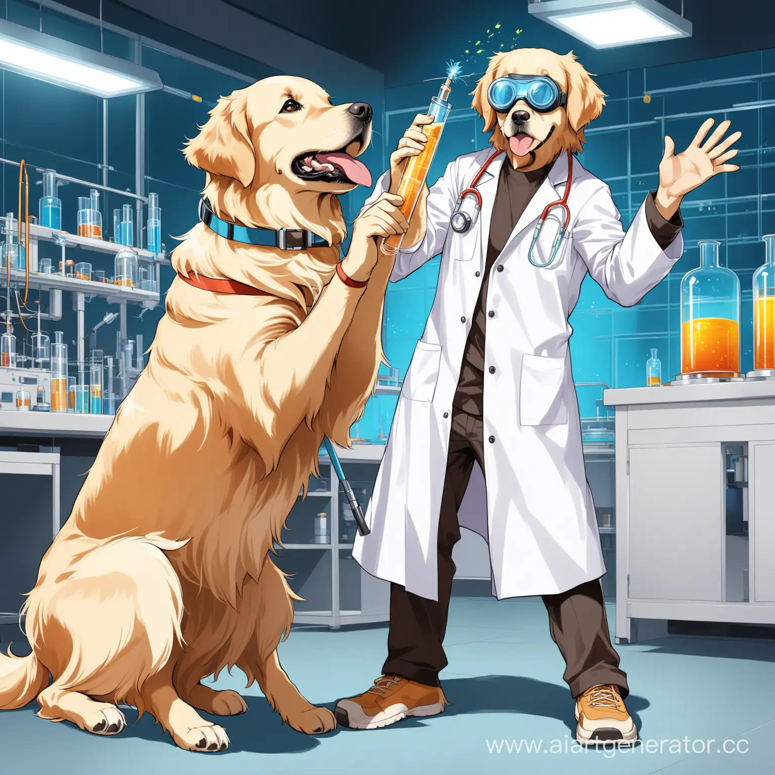 ful body  funny face golden retriver wear lab goggles and lab coat looking his hand holding slyndrical lab tube blasting fantastic in the lab 