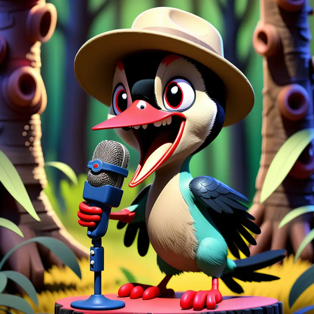 Colorful 8YearOld Ramiro Sings as a Woodpecker in Forest Scene