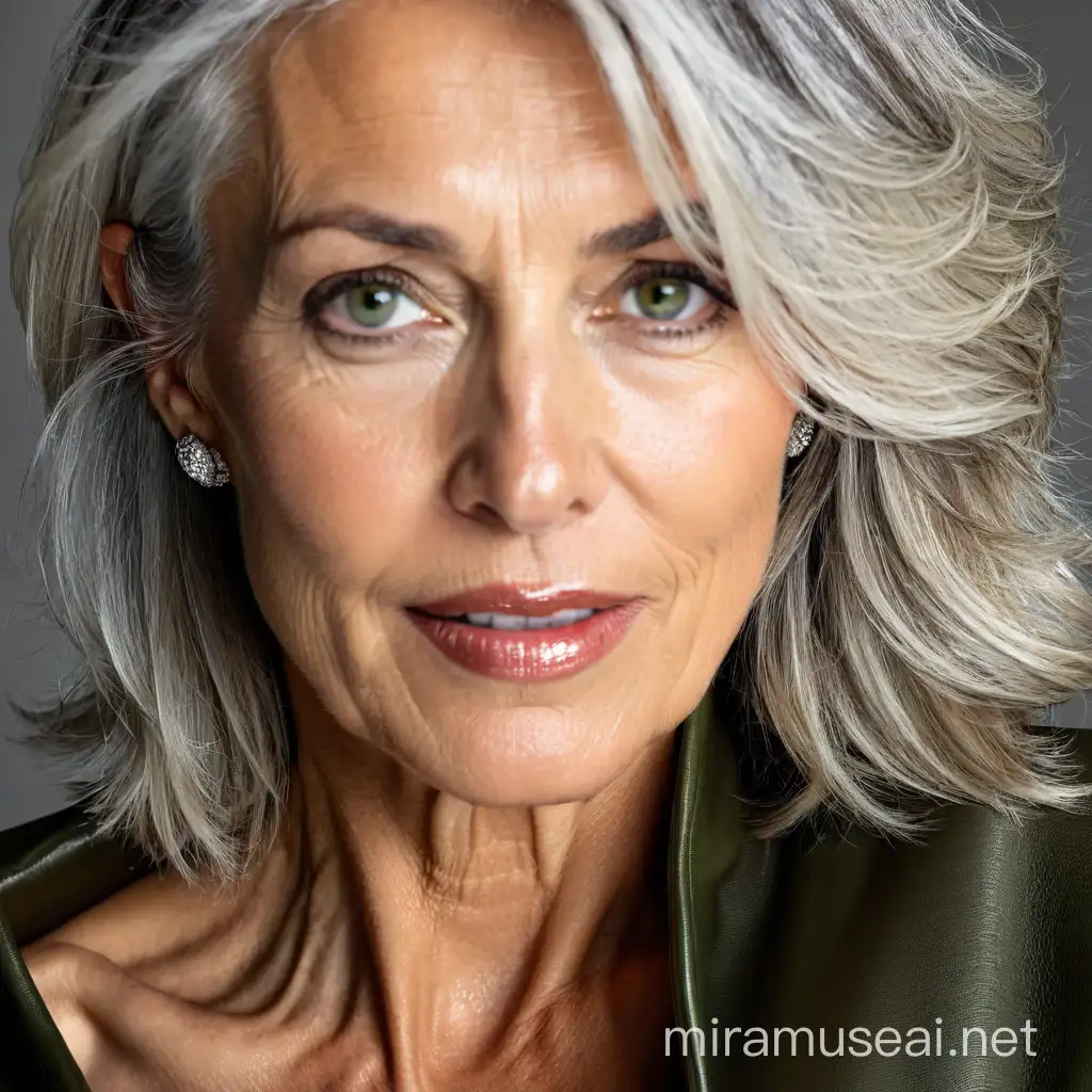 full length view of a very beautiful seductive 65 year old skinny very elegant white woman with big boobs, green eyes, grey hair in a bob and with al lot of freckles all over her body and an olive brown complexion and wearing transparent mesh and a high class makeup and high heels