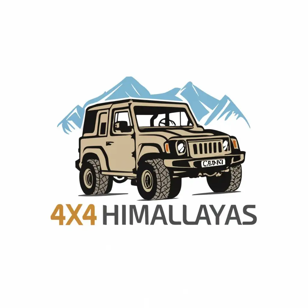 a logo design,with the text "4X4HIMALYAS", main symbol:OFFROADING MAHINDRA THAR,MOUNTAINS,SNOW,
 ,TREES,Moderate,be used in Automotive industry,clear background