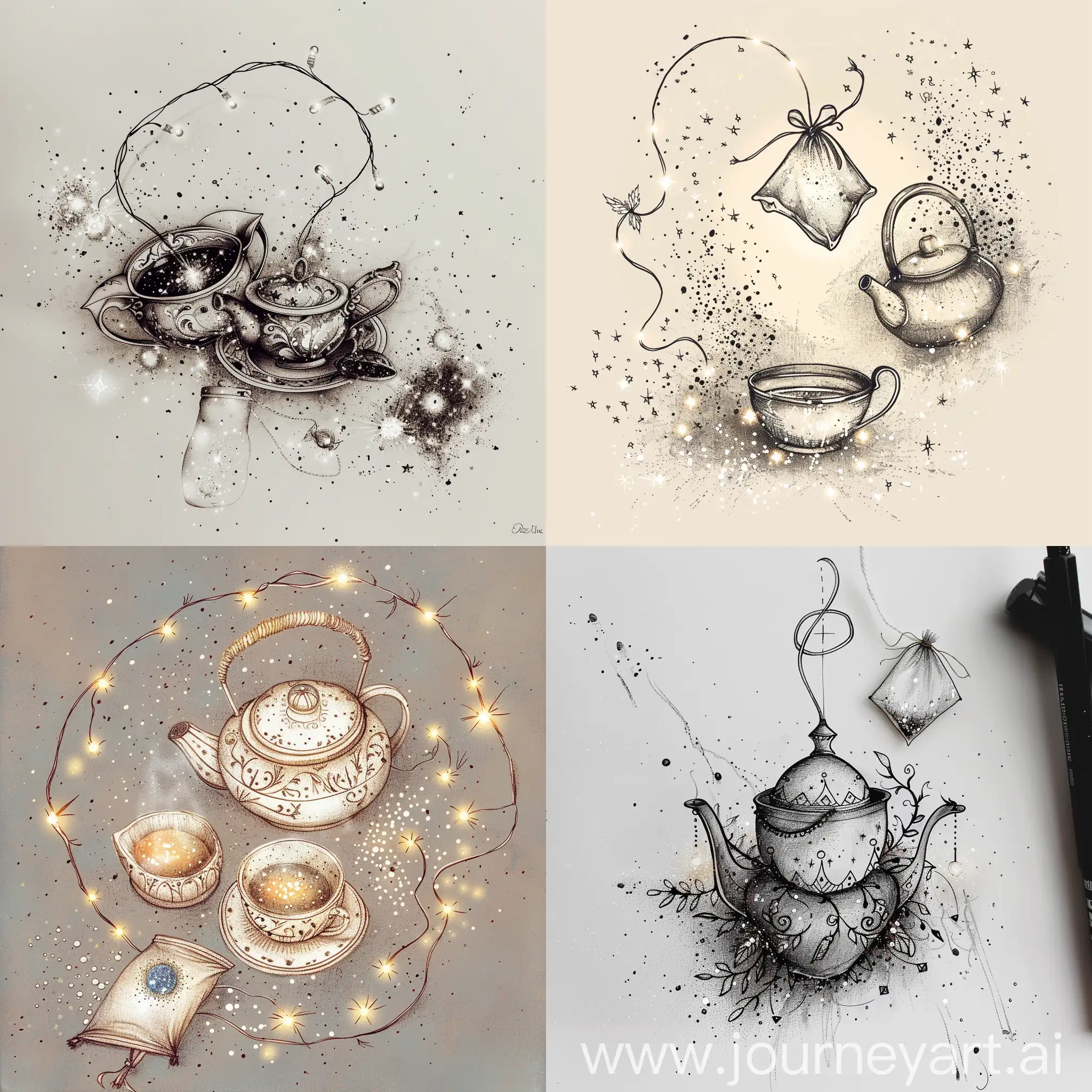 intricate drawing of a delicate and beautiful handmade magical tea set. it is seen slightly from above. next to it is a cosmic tea bag. fairy lights, glitter sparkle and fairy dust.