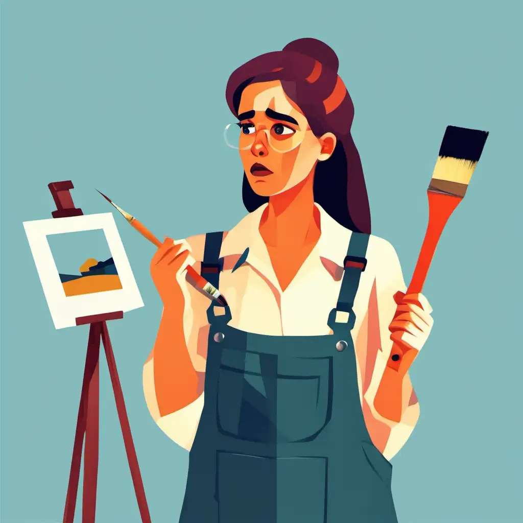 worried female painter in a flat illustration style