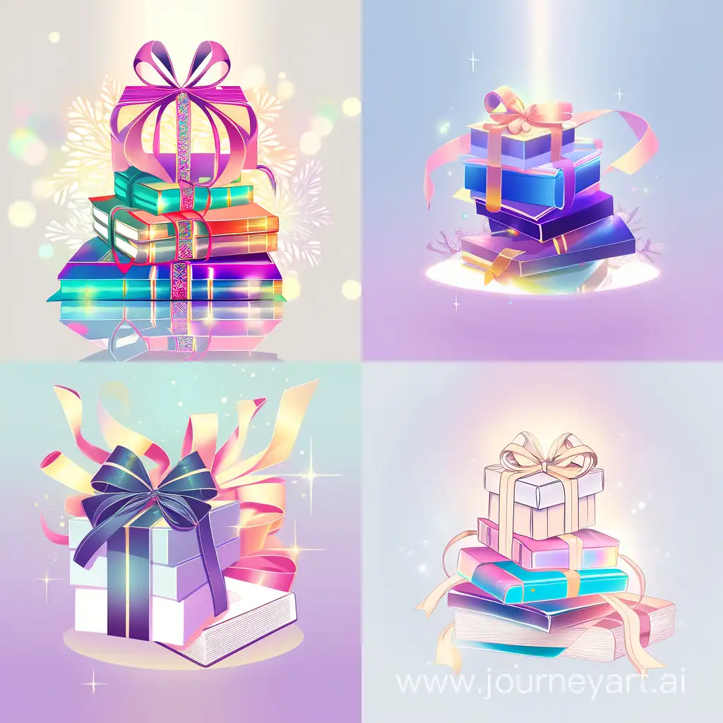 A stack of books with beautiful covers and titles tied with a large gift ribbon on a white background, glowing color palette, vector style, 