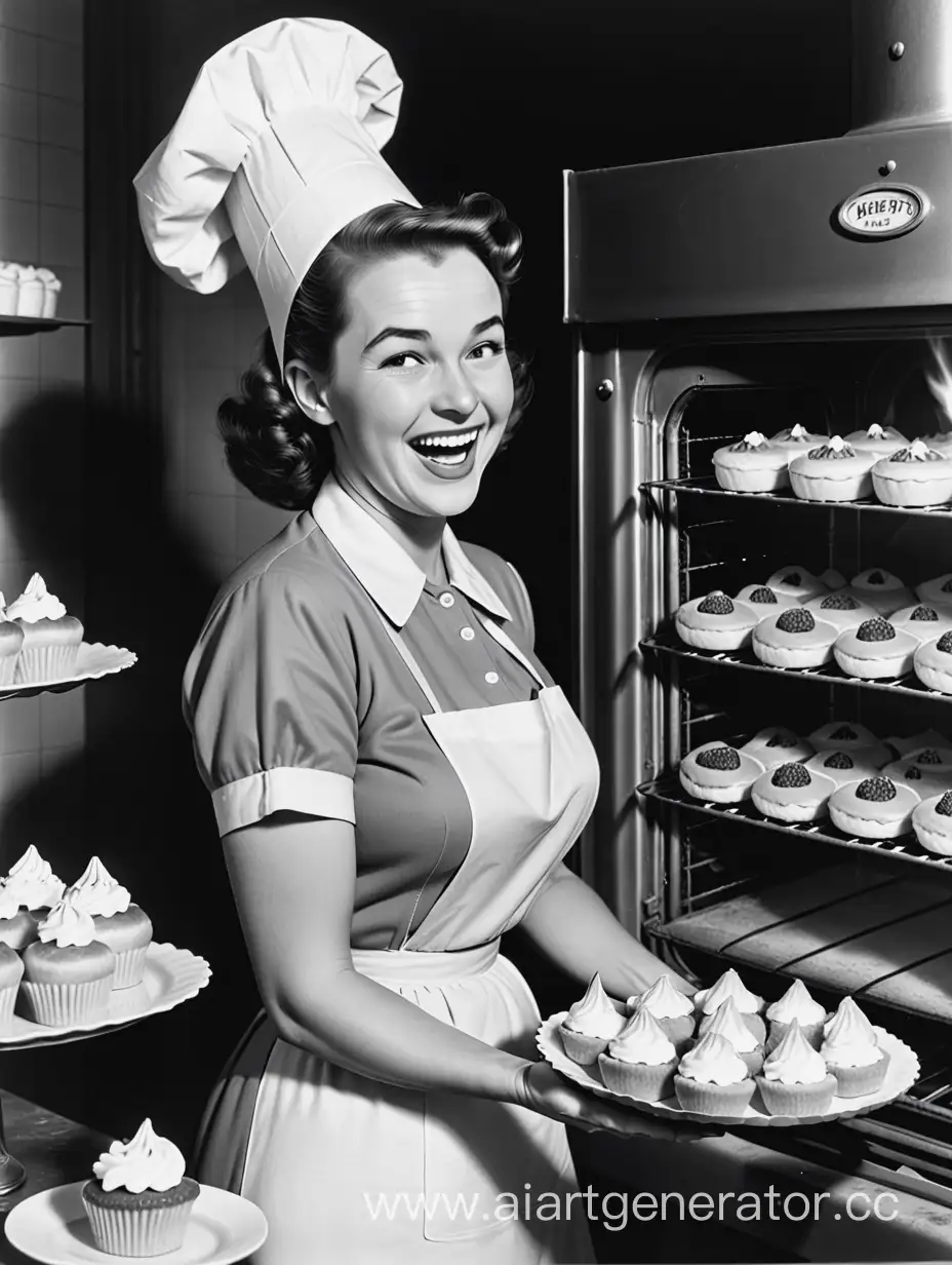 плакат в 1950-х. хозяйка женщина пекарни с безумным смехом протягивает пирожки, на заднем фоне что-то горит в духовке