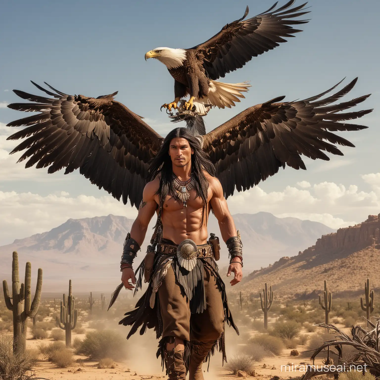 Guerrero apache alto musculoso guapo con cabello negro largo y grandes alas de aguila que le salen de la espalda va volando en el aire por el desierto junto a una gigantesca aguila real y de fondo guerreros apaches 