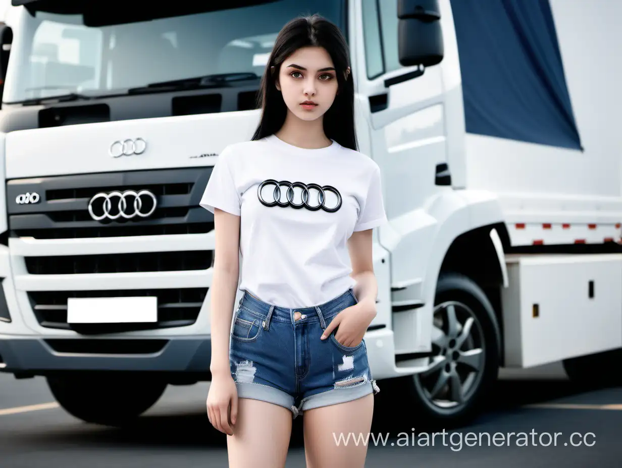Young-Woman-in-Audi-Logo-Tshirt-Poses-at-Truck-Parking-Lot