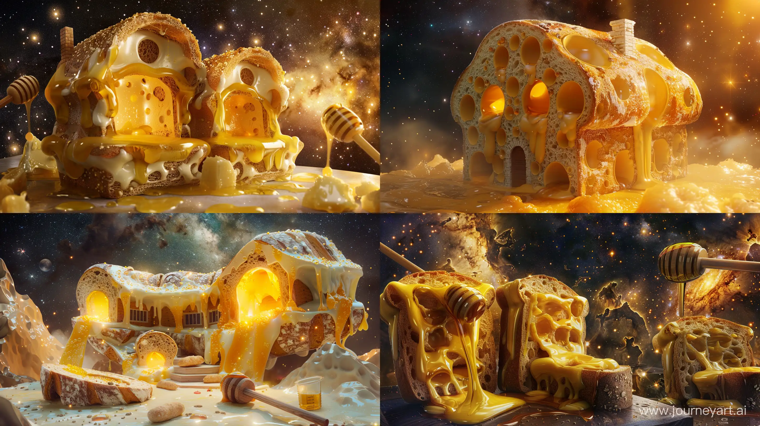 (a luxury big house) in the shape of bread and melted cheese and honey, in the galaxy, fantasy style, realistic --ar 16:9