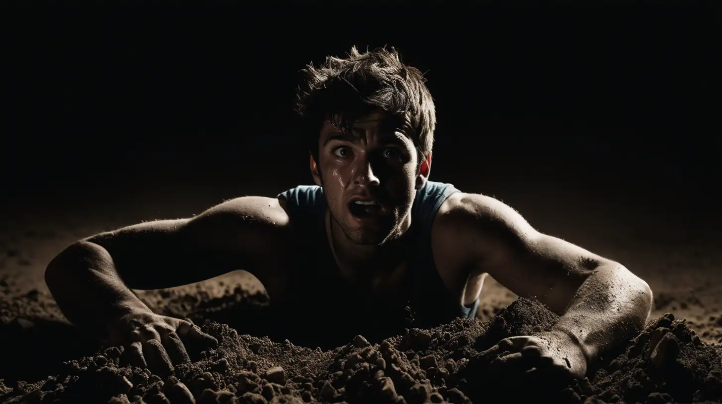 lying man in darkness pushing up dirt desperate 