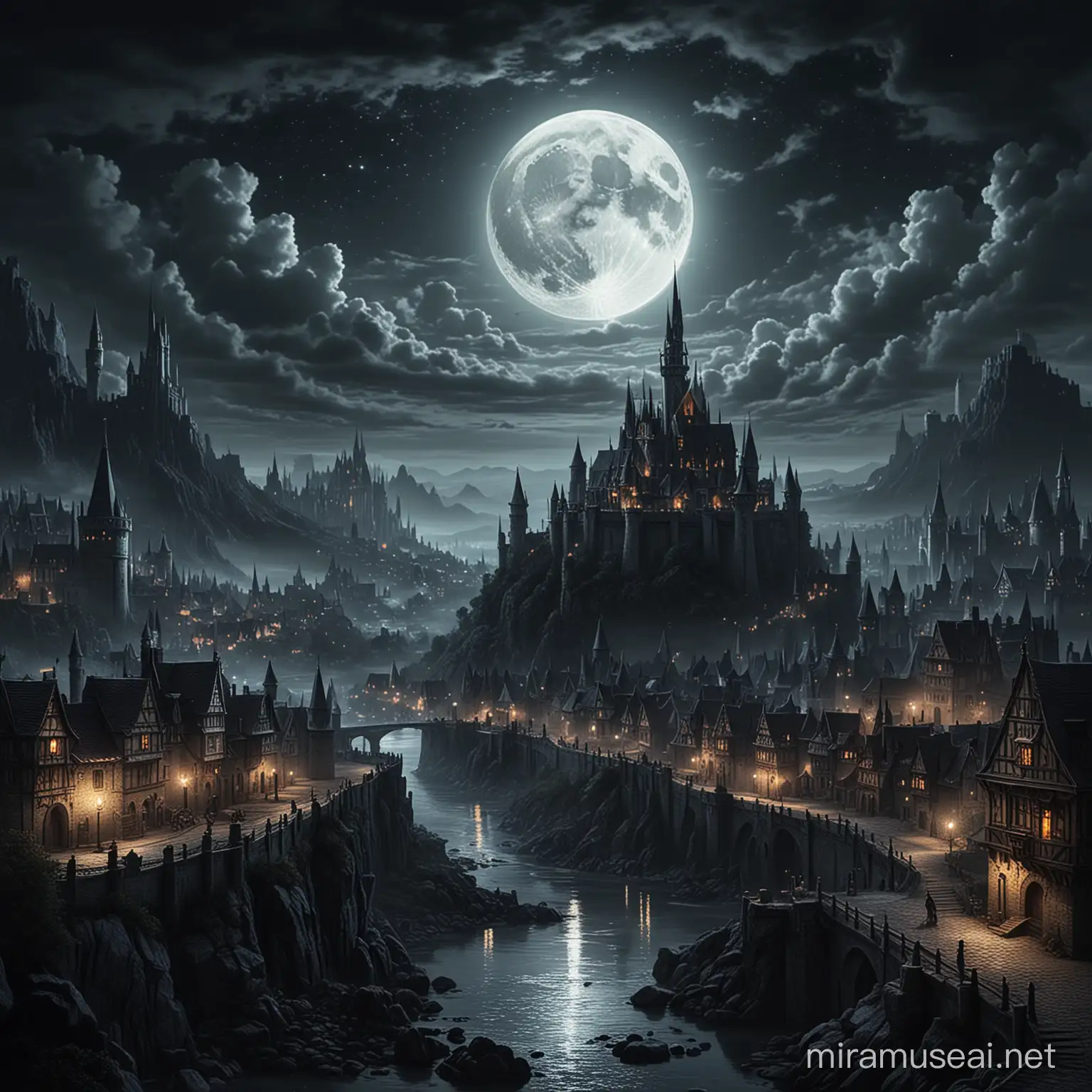 a dark,magic and fantasy city,with a castle in the distance,at night,with the moon,medieval style