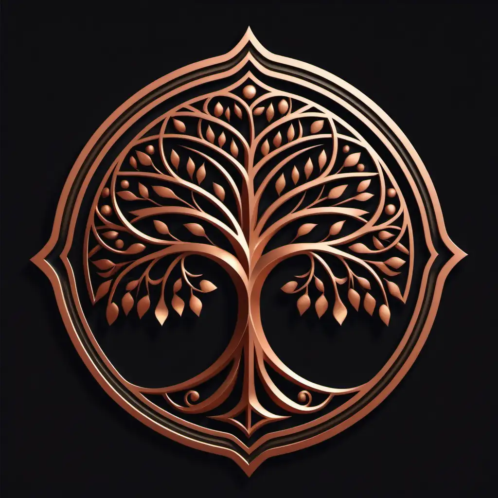 A logo.   Geometric, copper, and bronze colored tree.   Create double borders around the logo with ornate designs.  Unusual shape logo.  Black background.