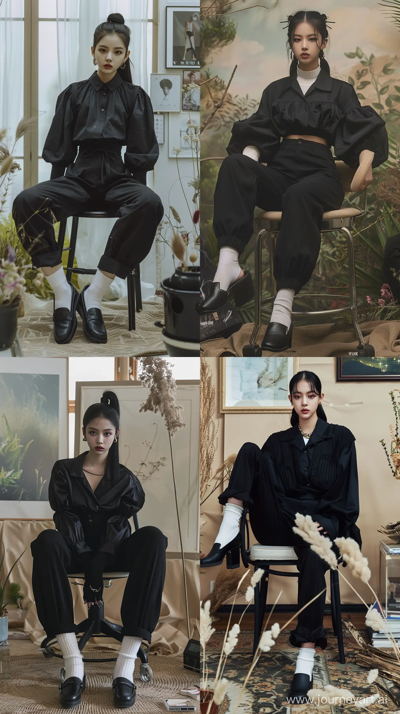 High resolution fashion photo of jennie blackpink's full body shot, wearing black pants and black oversizef blouse with black loafer shoes and white sock sit on chair,nature studio set,vogue megazine, pigtail black hair,minimalism,in the style of jennie, mysterious nocturnal scenes,fuji film, album covers, flickr --ar 9:16 --style raw --stylize 250 --v 6