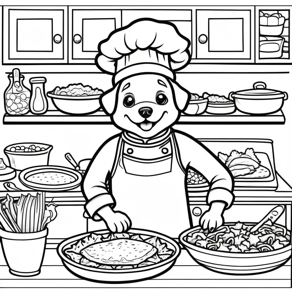coloring book for kids, simple, adult coloring book, no detail, outline no color, cute dog chef making tacos,  fill frame, edge to edge, clipart white background --ar 17:22