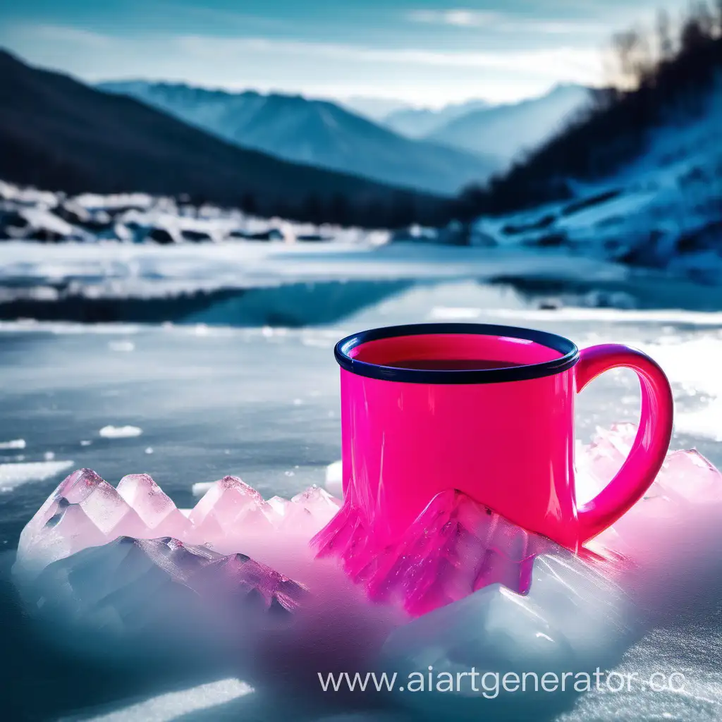 кружка неоново розового цвета стоит на льду, которые тает под ней, на фоне горы зима