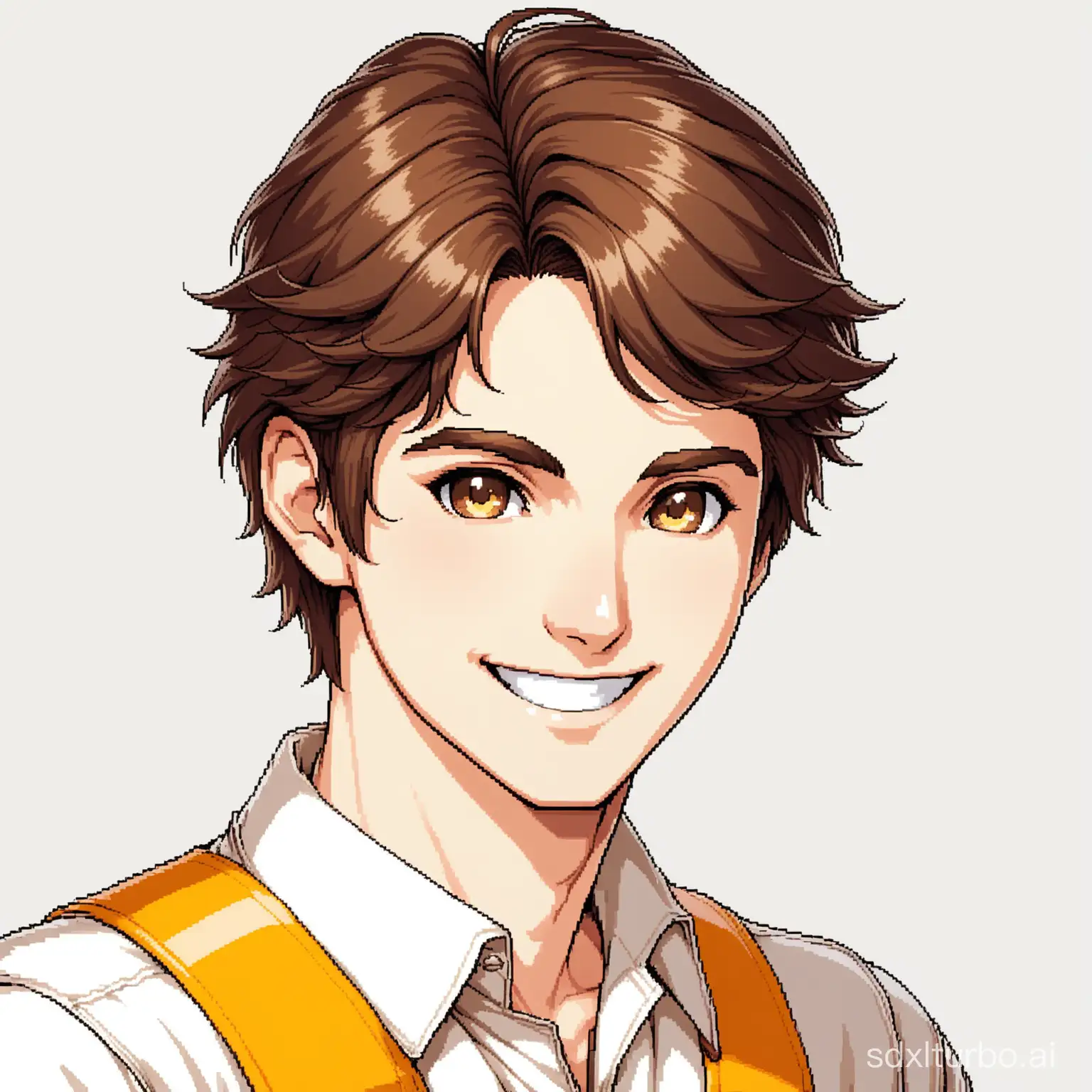 1980s Arcade Game Character. male, short brown hair, white skin, brown eyes, smiling. plain White background.