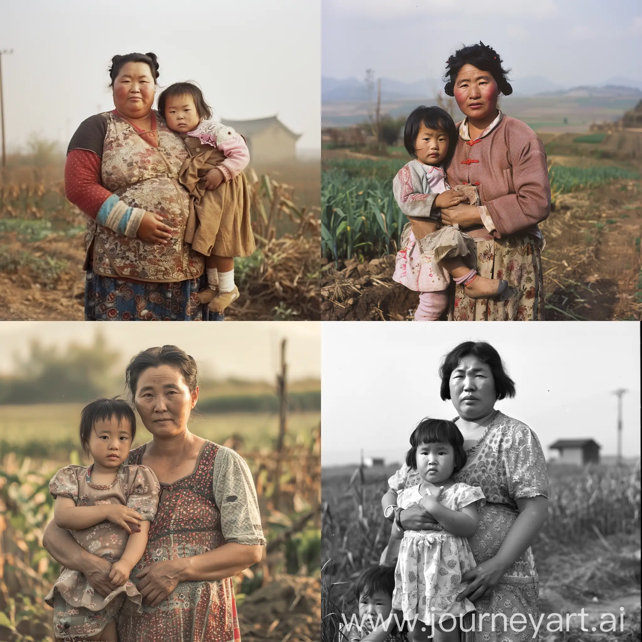 中国乡村少妇，丰满，娃娃脸，站在田间，牵着一个2岁女孩