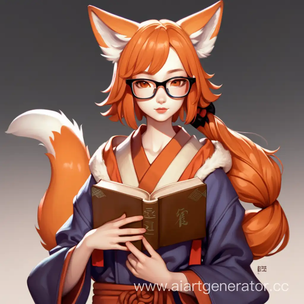 Kitsune girl human with glasses and book in hand