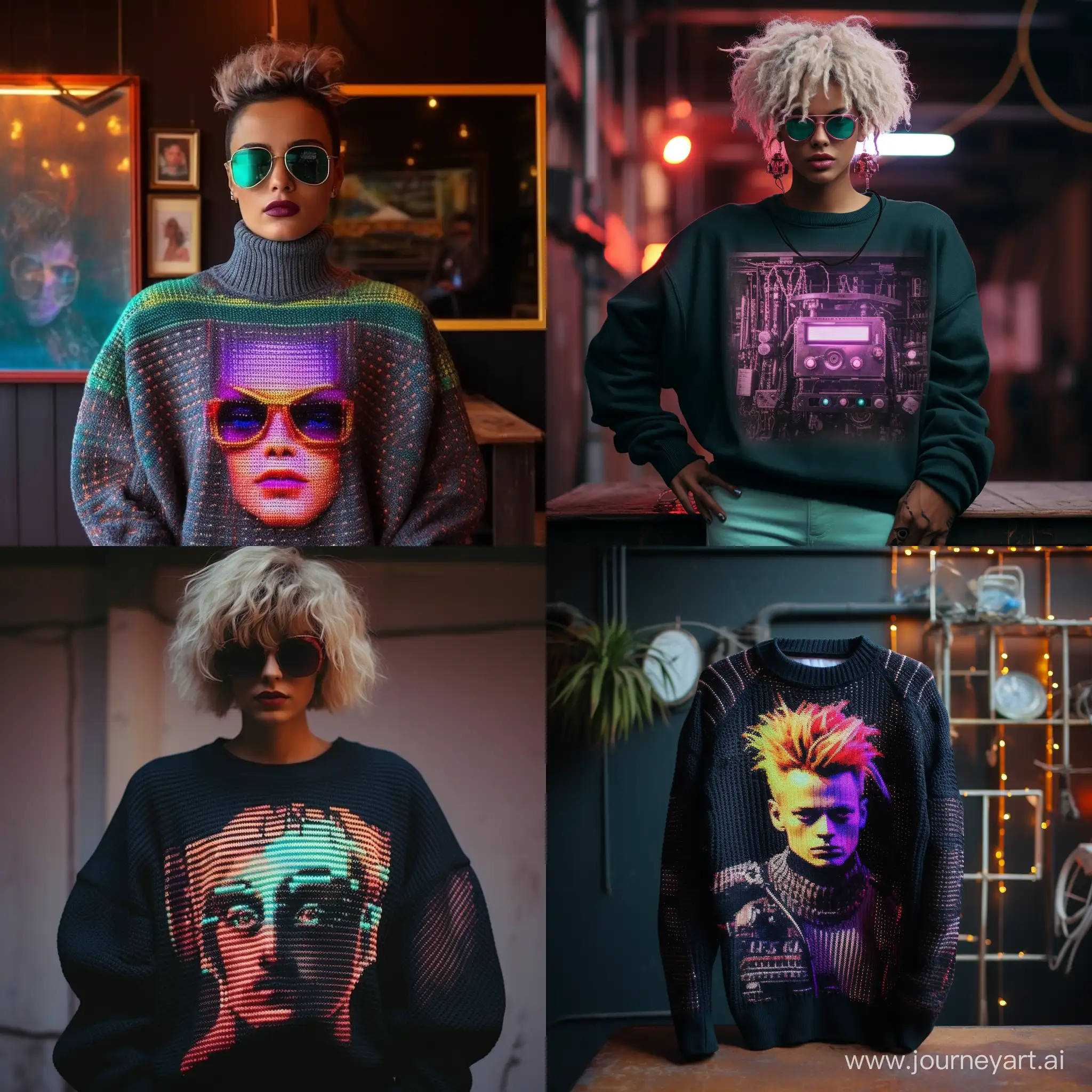 A photo of an oversize knitted sweater with a flat image on the sweater of a computer that controls the world, 80s punk style, cyberpunk films, without people in the picture