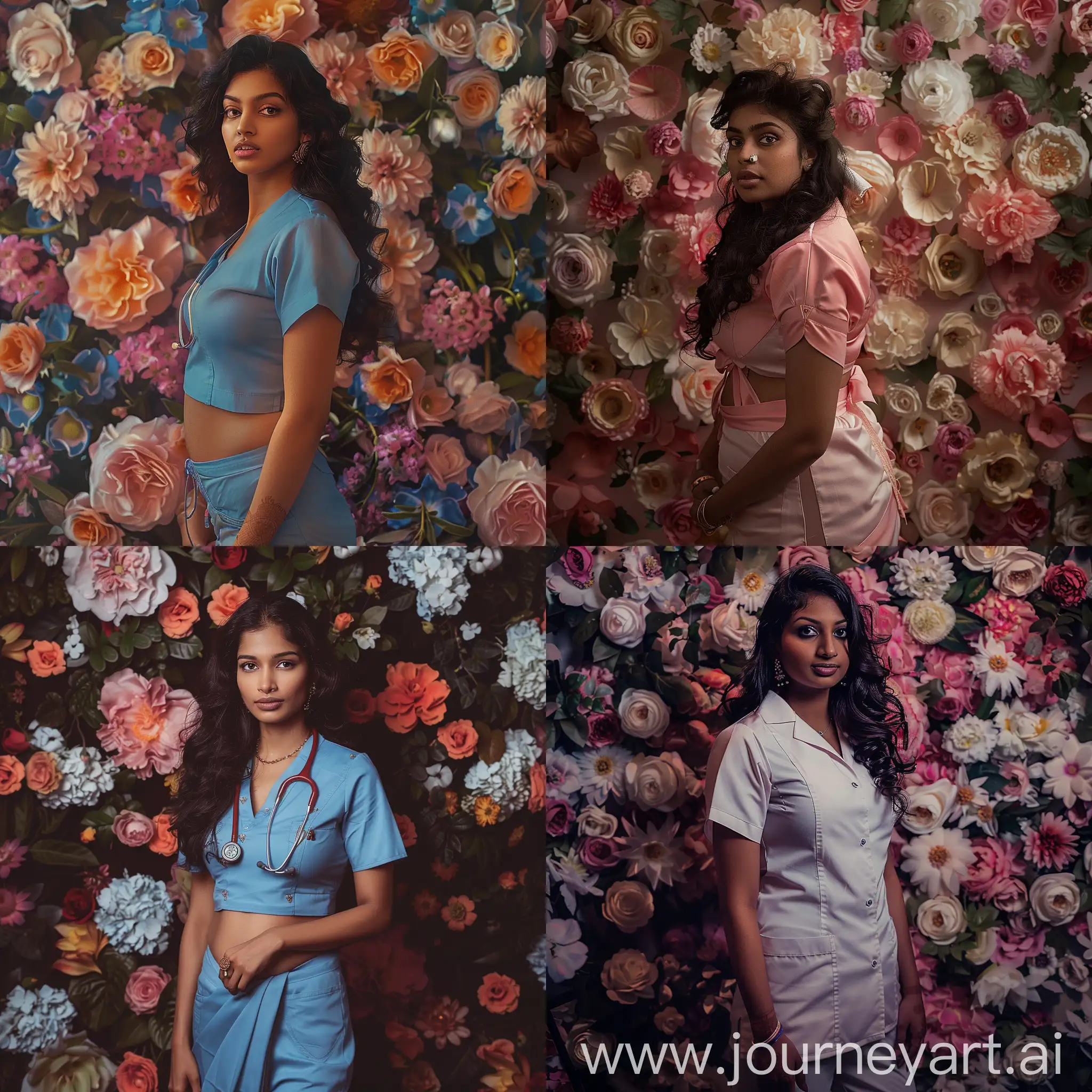 a stunning photo of a very beautiful curvy Indian female nurse, half body shot, waist shot, intricately detailed flowery background