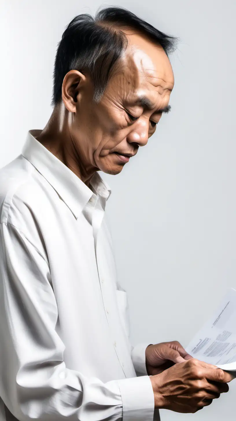 a 60 year old south east asian man with skinny figure, black short thin sleek hair, full face big forehead, looking down at a document, side profile white background
