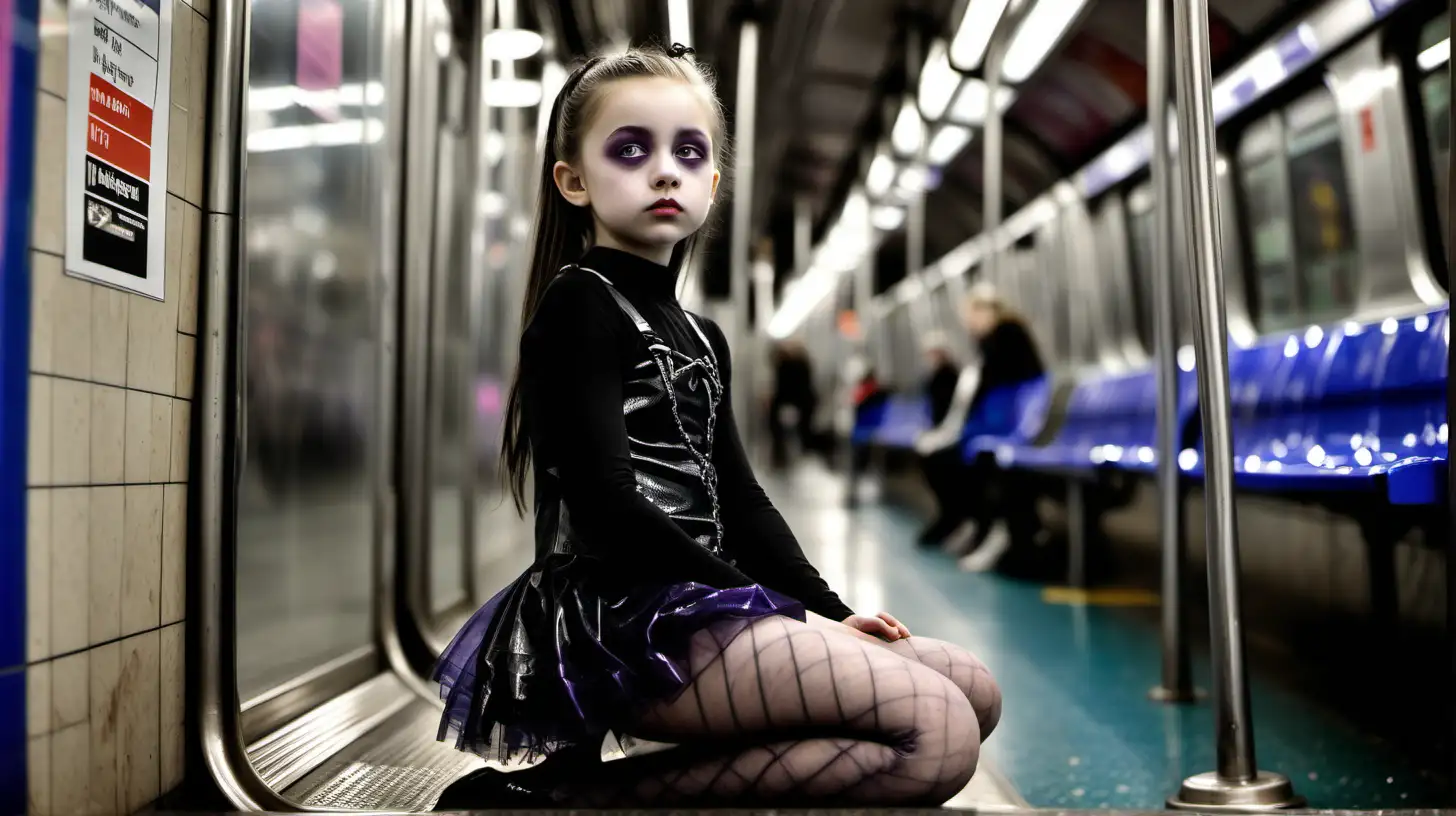 shot with Nikon AF-S DX NIKKOR 35mm f/1.8G Lens  

portrait of gothic  little girl 9 years old little girl, wearing cellophane tights diffused light low pony hair clear eyes  wearing    tights  with mom  nordic model, 
 in the subway diffused neon lights
, elle porte  des collants en cellophane  transparents, sa maman Goth girl. Neon lights.  .   zoom face
wearing   cellophane transparent dress,   
des hauts talons stiletto,  
 dans les couloirs du métro, beaucoup de néons et de lumières blanche

with mom  wearing  cellophane dress,    tights, [Highly Detailed]     
with high heels stiletto,  
look sad,  long fake eyelashes

lay on bench in subway, zoom legs, head on knees

suntanned skin, natural skin texture, (highly detailed skin:1.1), 
textured skin, (oiled shiny skin:0.5), 
 ,intricate skin details, visible skin detail, (detailed skin 
texture:1.1), mascara, (skin pores:1.1),  , skin fuzz, (blush:0.5), (goosebumps:0.5), translucent 
skin, (minor skin imperfections:1.2),    
(round iris:1.1), light reflections in her eye, visible cornea, highly detailed iris, remarkable detailed pupils 

portrait shot , zoom eyes

--v 6
