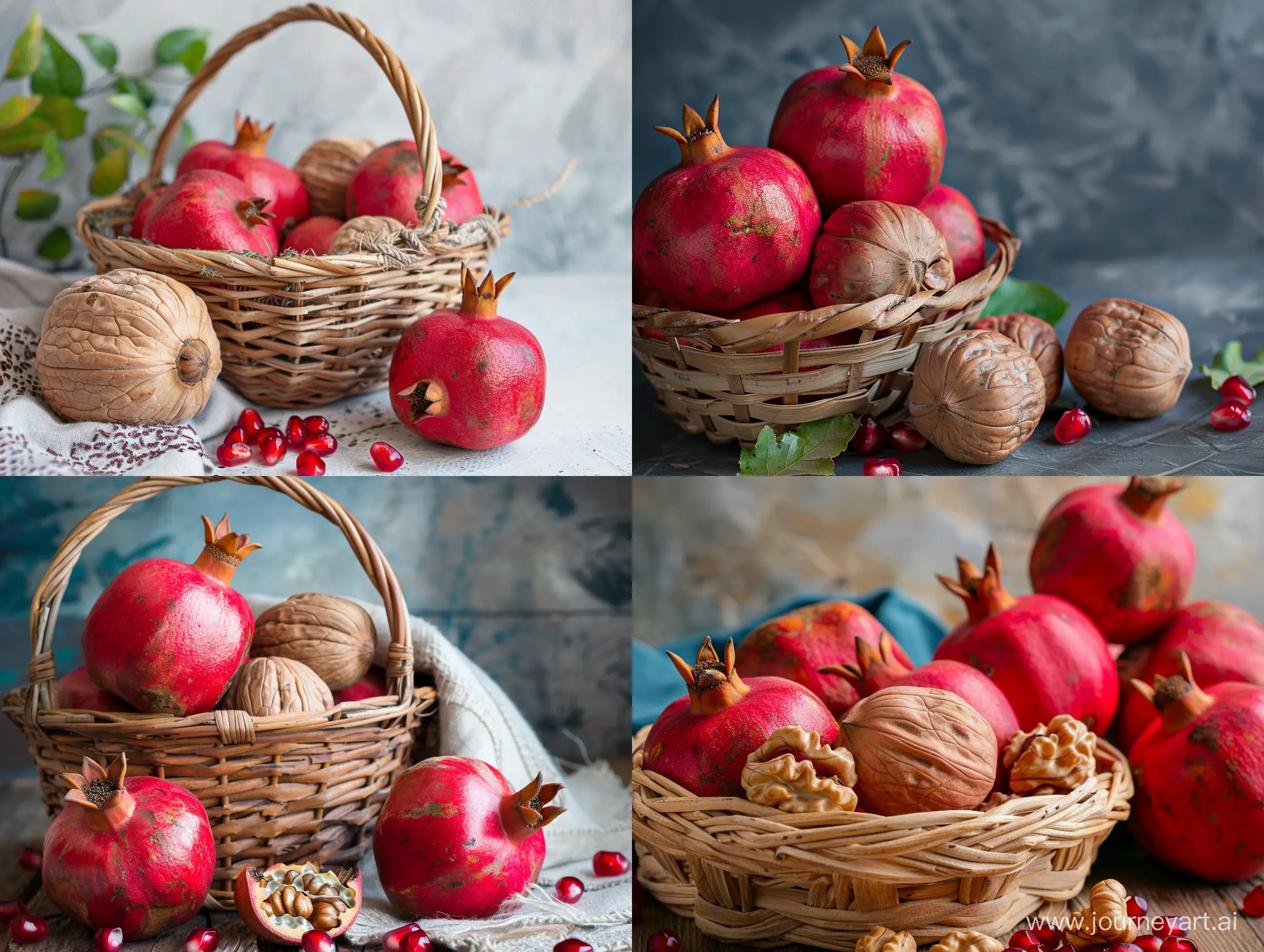 Natural and real photo of a walnut basket. A few red pomegranates