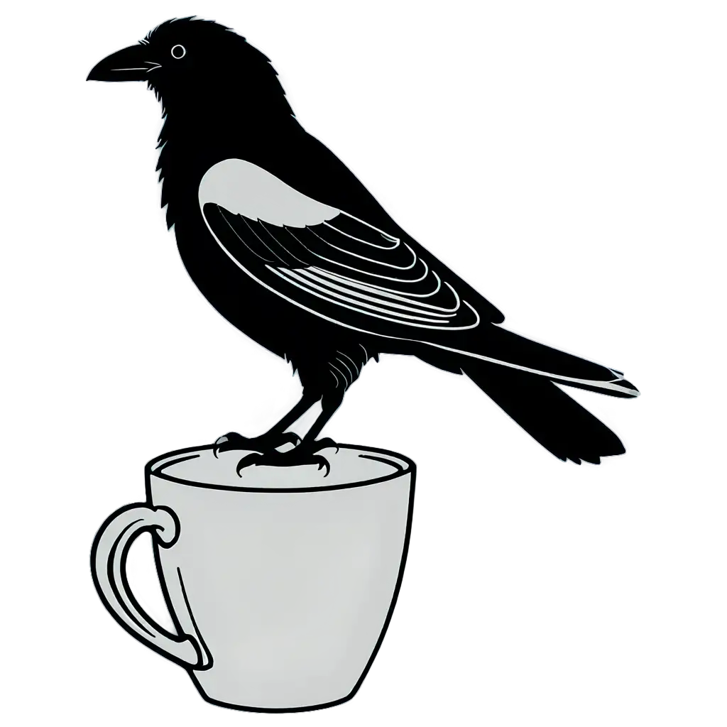 Exquisite-Raven-Line-Art-PNG-Graceful-Bird-Perched-on-Coffee-Cups-Edge