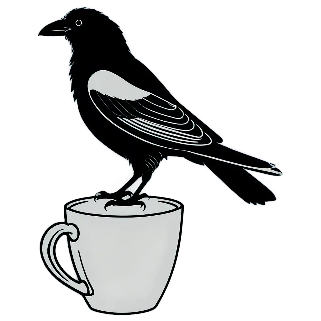 Exquisite PNG Line Art Raven Perched on Coffee Cup Edge | PNG Prompt