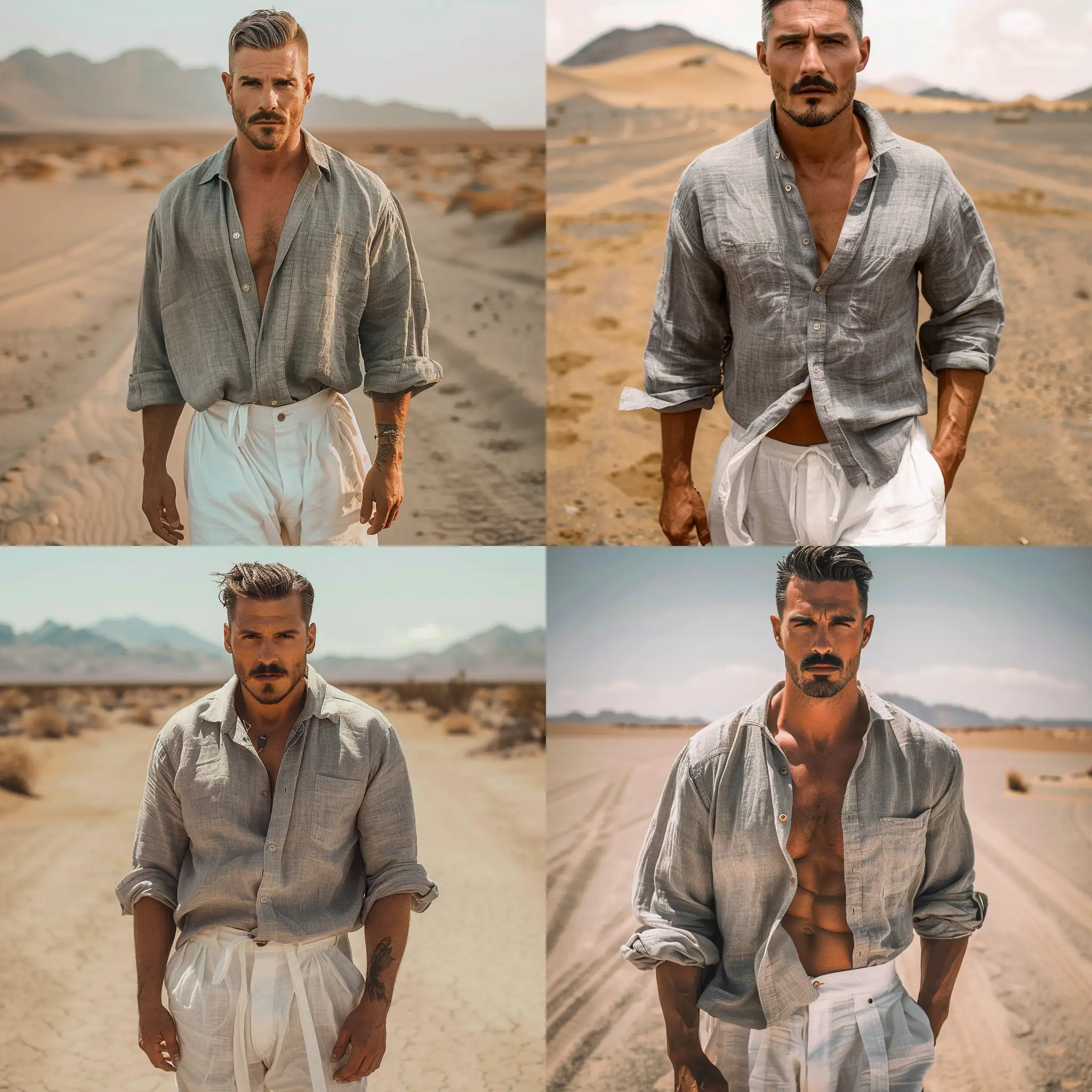 Cinematic, man in his 30s, grey linen oversized shirt, buttons open, white linen trousers, has slick short hair, has facial hair, he weighs 74kg, in a desert, looking into the camera, Captured in Nikon camera, the desert is empty