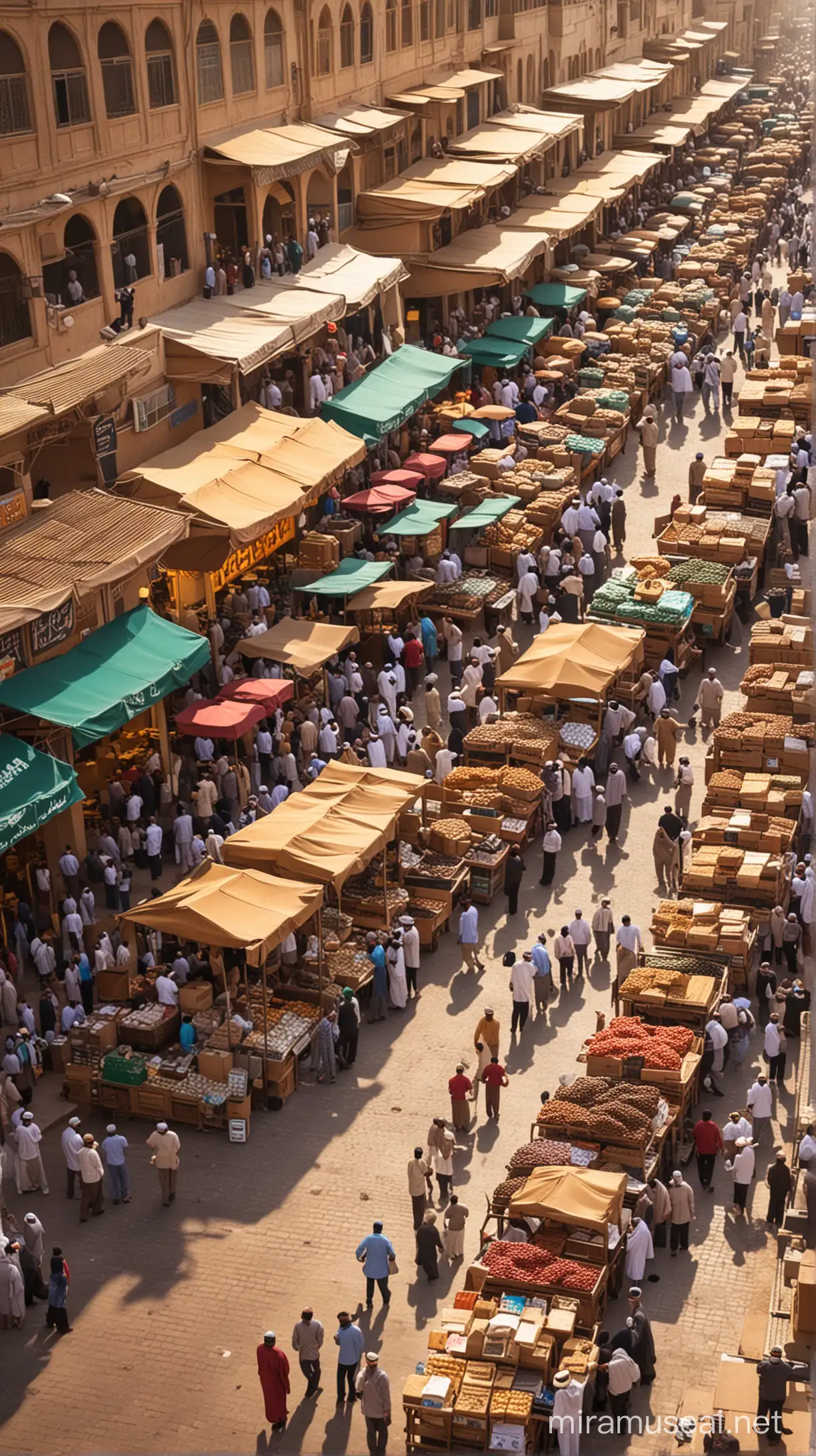 Create an image of a bustling Arabian market where coffee is being traded and sold.
