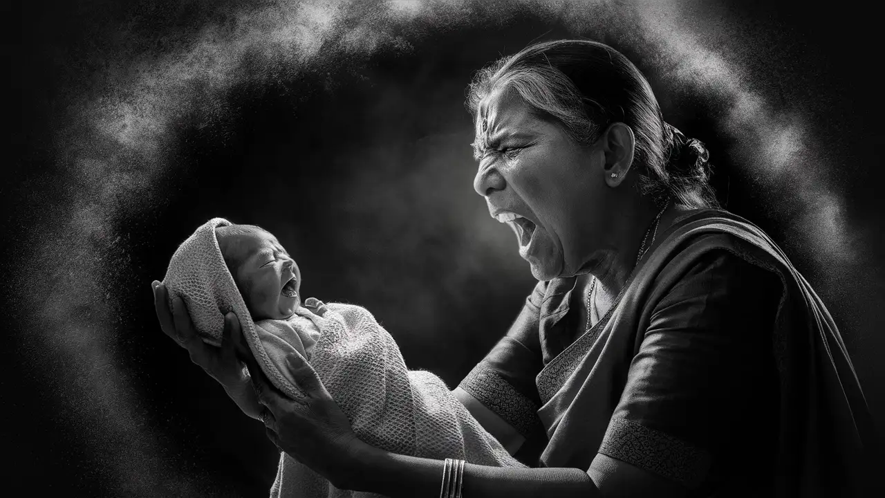 Angry Indian Grandmother Scolding Newborn Baby Girl in Dim Light