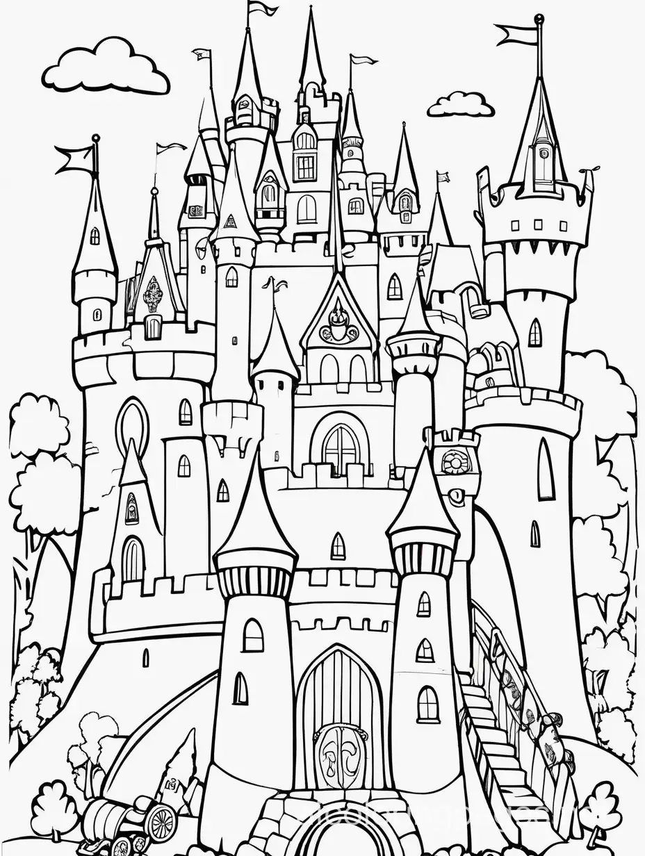 a variety  of things connected  to royalty including crowns and castles  colouring page simple seperate images all on one page, Coloring Page, black and white, line art, white background, Simplicity, Ample White Space. The background of the coloring page is plain white to make it easy for young children to color within the lines. The outlines of all the subjects are easy to distinguish, making it simple for kids to color without too much difficulty