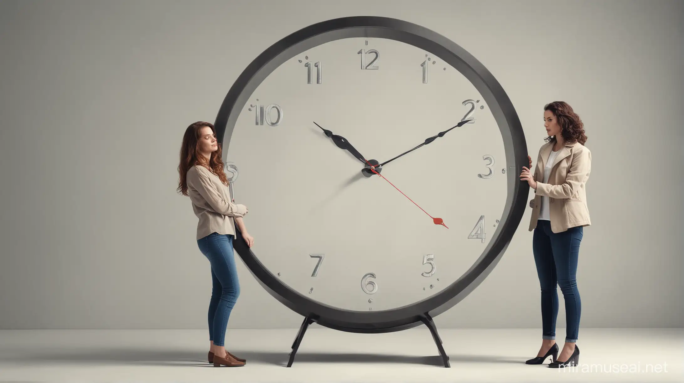 me crie uma imagem de duas mulheres e um relógio no meio representando o tempo realista